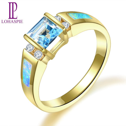 LP Natural Sky Blue Topaz & Diamond & Opal Solid 14K 18K Yellow Gold Wedding Band Rings Vintage Fine Jewelry For Women Gift