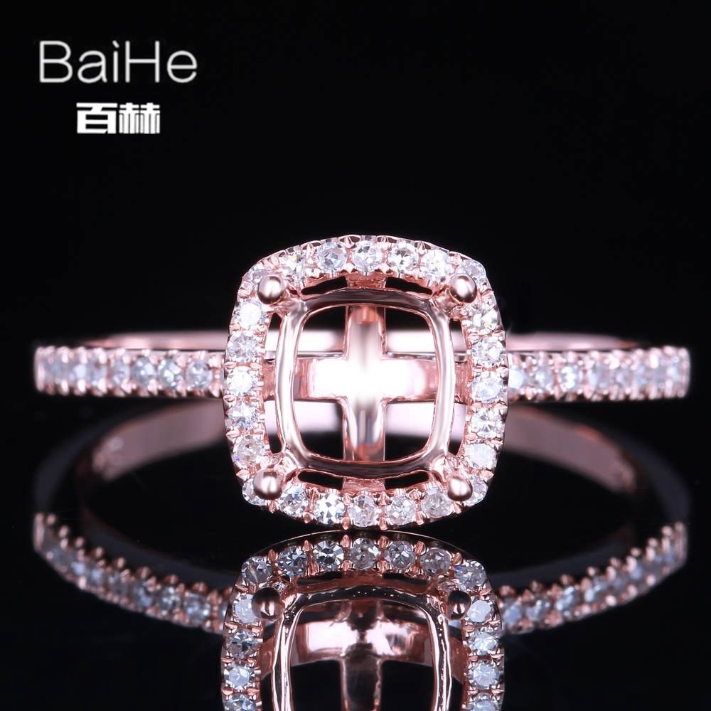 BAIHE Solid 14K Rose Gold Certified Cushion Cut Engagement Women Office/career Fine Jewelry Elegant unique Semi Mount Ring