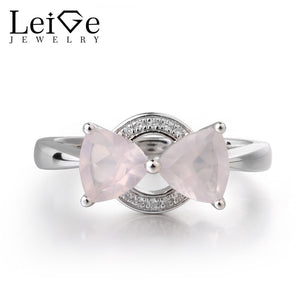 Leige Jewelry Genuine Pink Quartz 925 Sterling Silver Trillion Cut Two Stones Wedding Rings For Woman