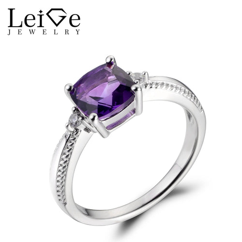 Leige Jewelry Purple Color Natural Amethyst Gemstone Cushion Cut Prong Setting Engagement Carve Rings For Woman Fine Jewelry