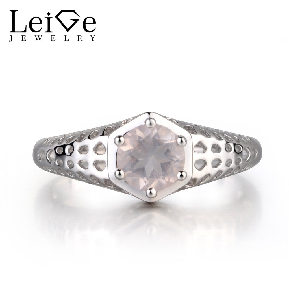 Leige Jewelry Natural Pink Quartz Gemstone Round Cut Prong Setting Wedding Rings For Woman 925 Sterling Silver