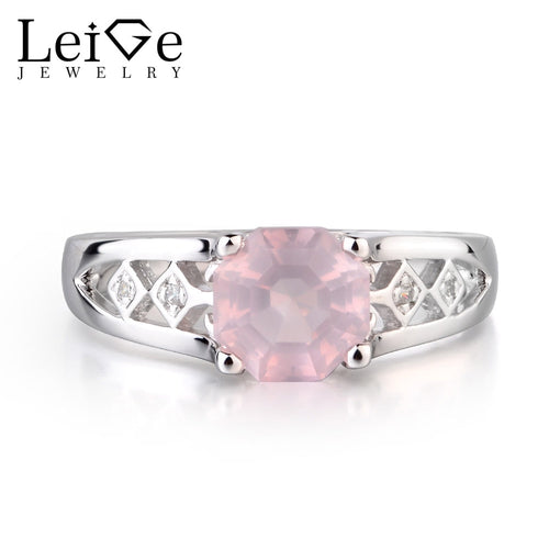 Leige Jewelry Natural Pink Quartz Emerald Cut Gemstone Engagement Ring Solid 925 Sterling Silver for Women