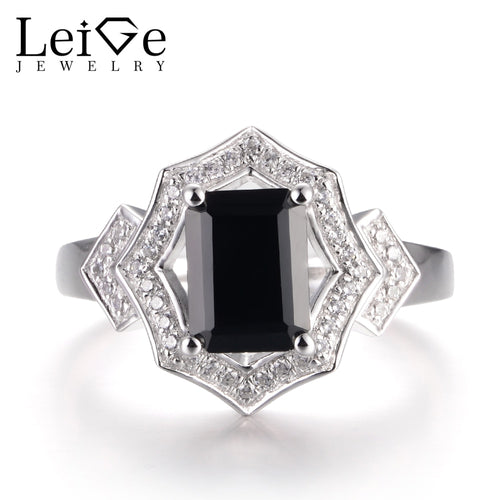 LeiGe Jewelry Natural Black Spinel Anniversary Rings Emerald Cut Black Gemstone Ring Solid 925 Sterling Silver Vintage Rings