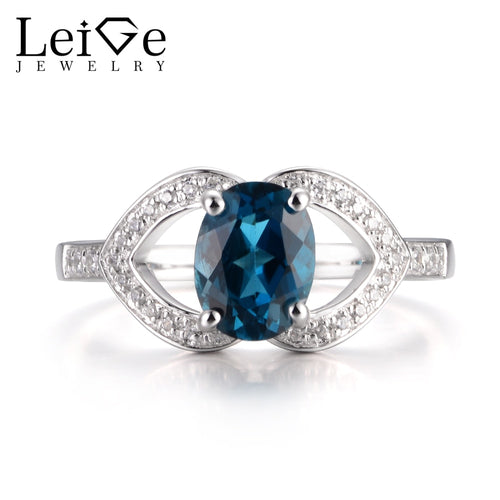 LeiGe Jewelry Real London Blue Topaz Rings Anniversary Rings November Birthstone Oval Cut Blue Stone Rings 925 Sterling Silver