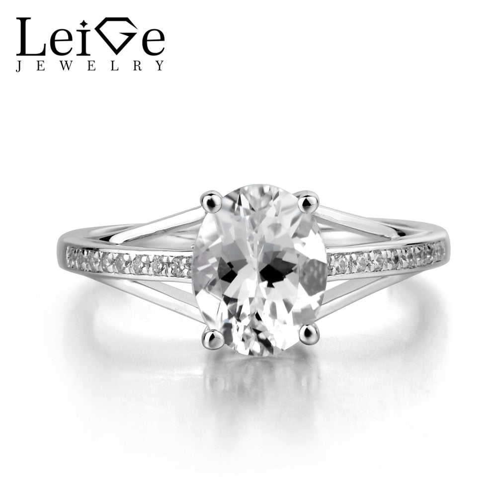 Leige Jewelry True Natural White Topaz Ring Oval Cut Gemstone Birthstone Engagement Wedding Ring Solid 925 Sterling Silver Ring