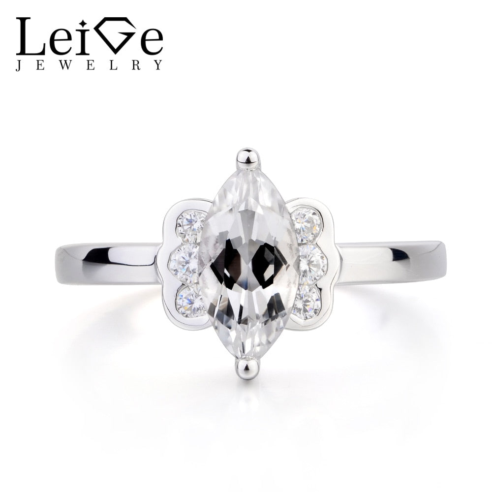 Leige Jewelry Topaz Anniversary Ring Natural White Topaz Ring Marquise Cut Gemstone 925 Sterling Silver November Birthstone Ring