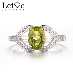 LeiGe Jewelry Natural Peridot Promise Rings August Birthstone Oval Cut Green Gemstone Rings 925 Sterling Silver Vintage Rings