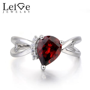 Leige Jewelry Genuine Natural Red Garnet Ring Wedding Ring January Birthstone Pear Cut Red Gemstone 925 Sterling Silver Ring