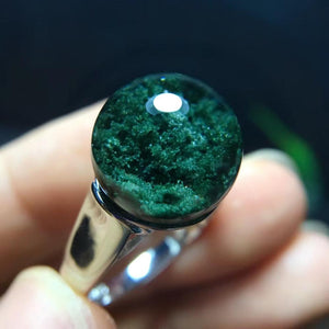 12.7mm Natural Green Phantom Quartz Crystal Ring Women Men Clear Bead Lucky Stone 925 Silver Adjustable Ring Jewelry AAAAA