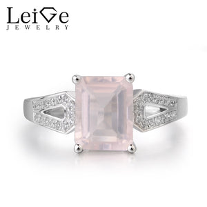 Leige Jewelry Natural Pink Quartz Gemstone 925 Sterling Silver Emerald Cut Cocktail Party Rings Romantic Gifts For Woman