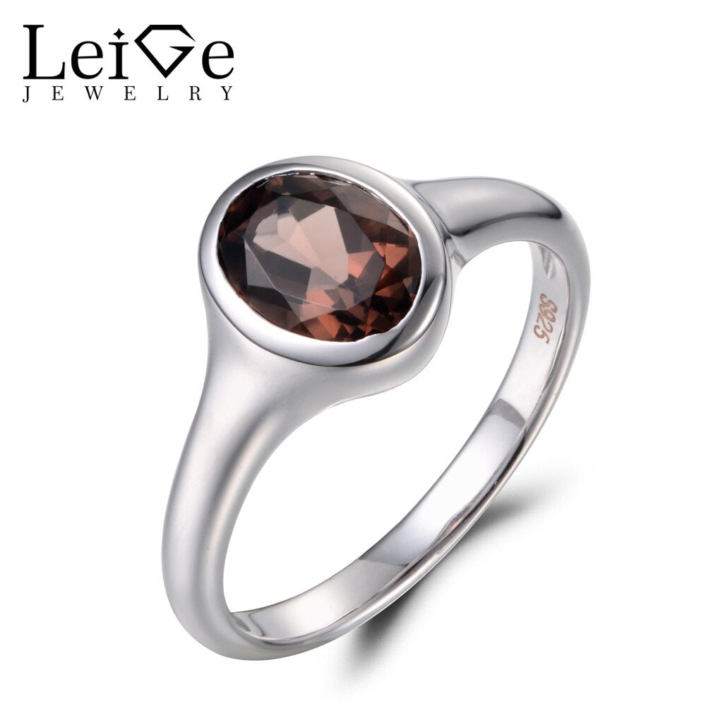 Leige Jewelry Genuine Smoky Quartz Ring Brown Stone Ring Anniversary Ring Solid 925 Sterling Silver Solitaire Ring for Women