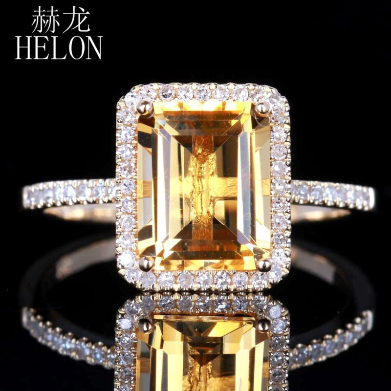 HELON Citrine 6.5x8.5mm Emerald 0.2ct Diamond Accent Ring Real 14K Yellow Gold Engagement Wedding Fashion Jewelry Women Ring