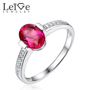 Leige Jewelry Solitaire Ruby Ring Oval Cut 925 Sterling Silver Romantic Engagement Rings for Women July Birthstone Bezel Setting