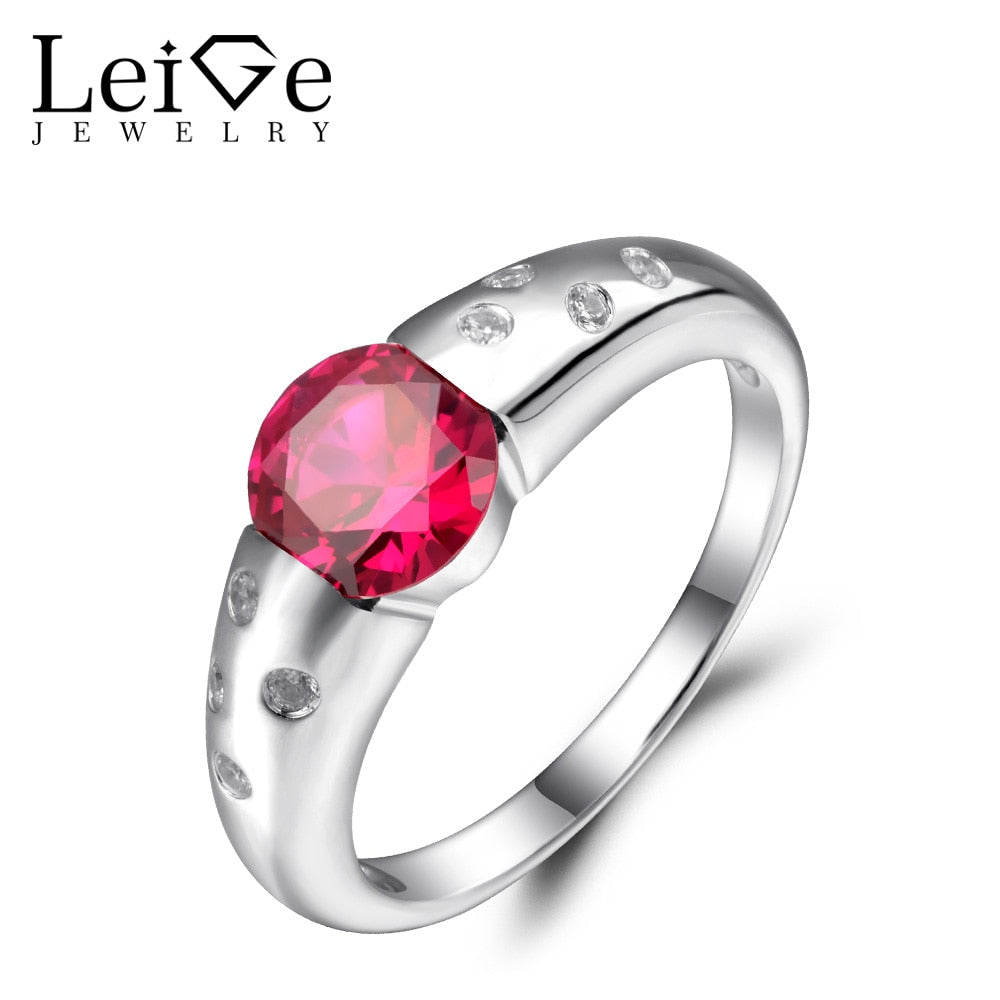 Leige Jewelry Rings Women Ruby Wedding Engagement Ring Round Cut Sterling Silver 925 Fine Jewelry Valentine Gifts for Lovers