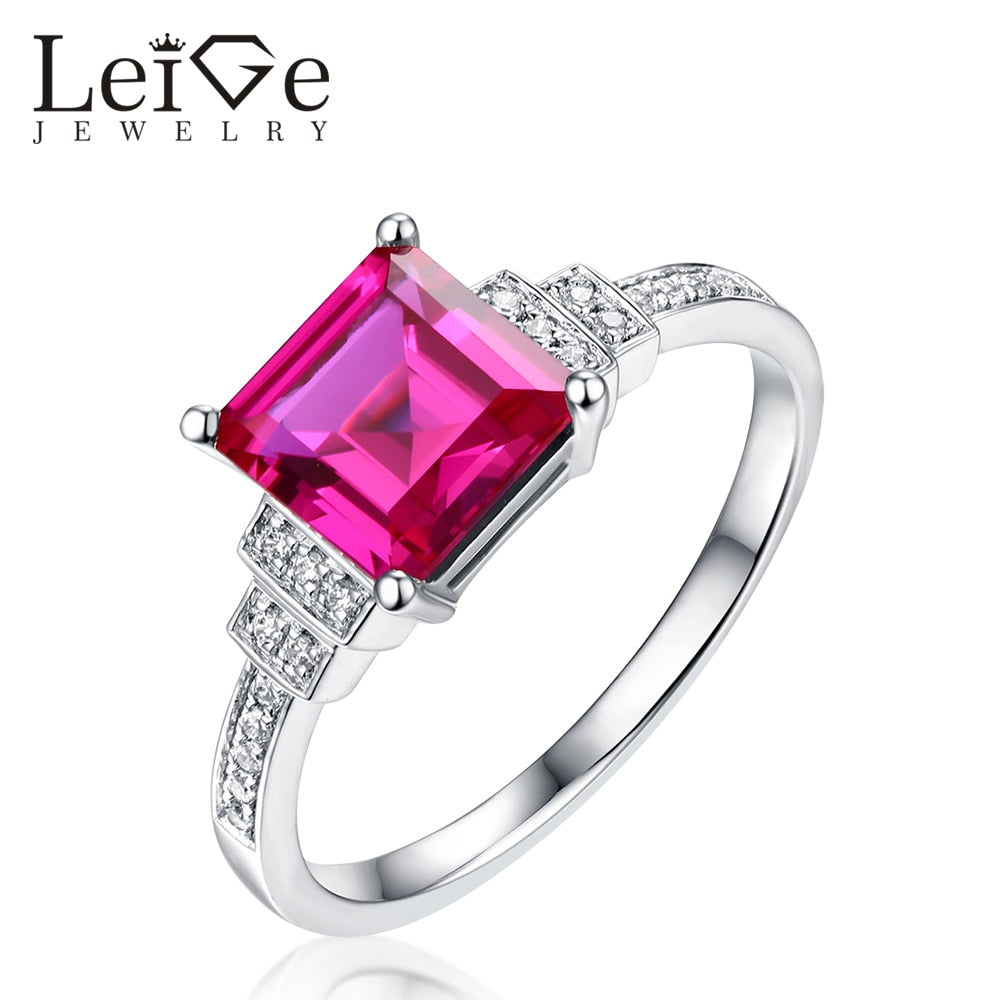 Leige Jewelry Square Cut Red Ruby Engagement Ring Sterling Silver 925 Fine Jewelry Gemstone Wedding Rings for Women Anniversary