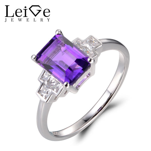 Leige Jewelry Amethyst Vintage Rings Unique Wedding Rings Emerald Cut Purple Gems February Birthstone Rings 925 Sterling Silver