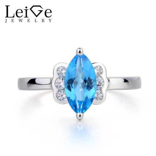 Leige Jewelry Swiss Blue Topaz Ring Cocktail Party Ring Marquise Cut Blue Gemstone 925 Sterling Silver November Birthstone Ring