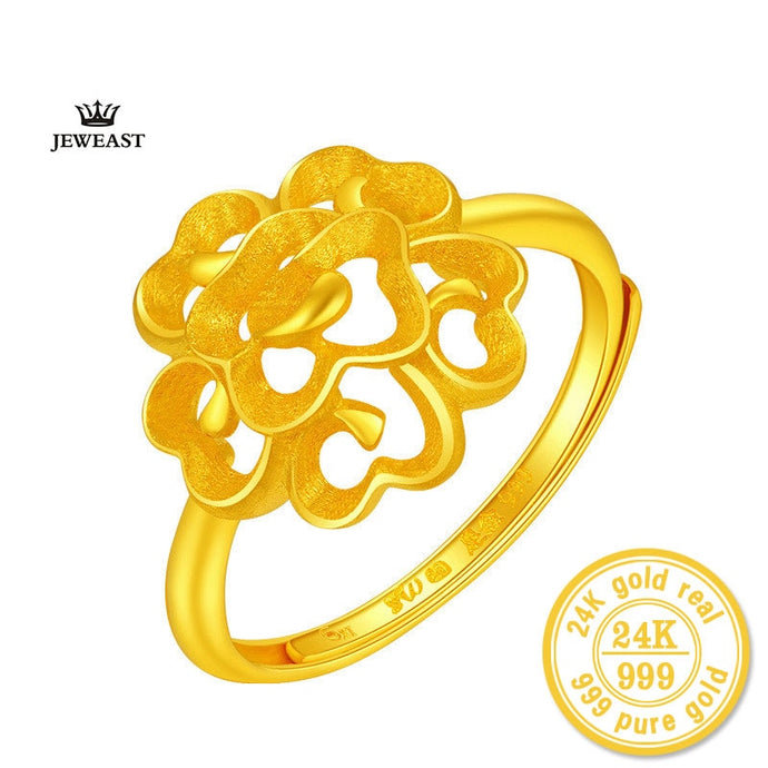 ZZZ 24k Pure Gold Flower Shape Ring for Women Hollowing Process with Resizable Design Retro and Elegant 999Solid Gold Rings