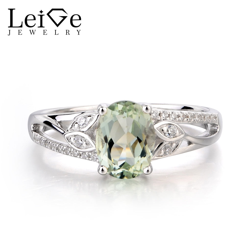 Leige Jewelry Natural Green Amethyst Ring Proposal Ring Oval Cut Green  Gemstone 925 Sterling Silver Romantic Gifts for Women