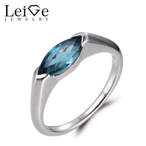 LeiGe Jewelry Real London Blue Topaz Rings Engagement Rings November Birthstone Rings Marquise Cut Rings 925 Sterling Silver