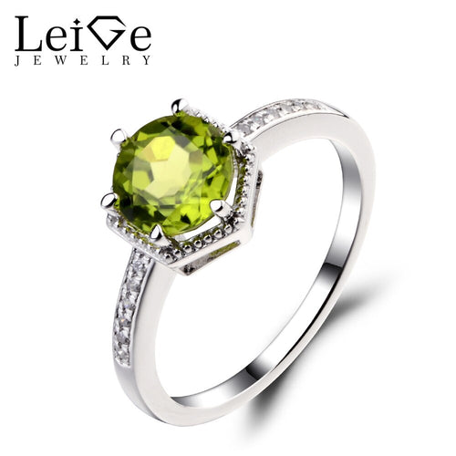 Leige Jewelry Natural Peridot Ring Sterling Silver 925 Fine Jewelry Green Gemstone Round Cut Engagement Promise Rings for Women