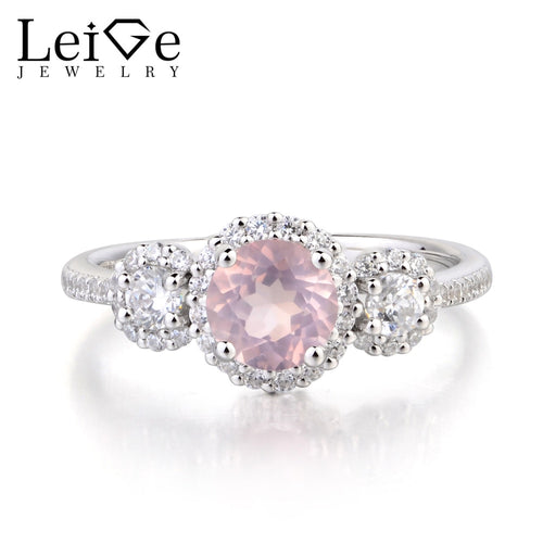 Leige Jewelry Natural Pink Quartz Ring Promise Ring Round Cut Pink Gemstone Genuine 925 Sterling Silver Ring Anniversary Gifts