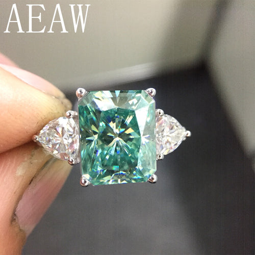 AEAW 925 Silver Green Radiant Cut Moissanite Engagement Ring 4ct 8x10mm Center with Trillion Anniversary Ring for Women