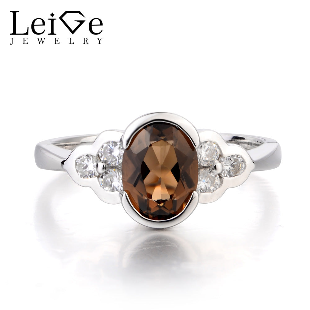 Leige Jewelry Natural Smoky Quartz Ring Engagement Ring Oval Cut Brown Gemstone Solid 925 Sterling Silver Xmas Gifts for Women