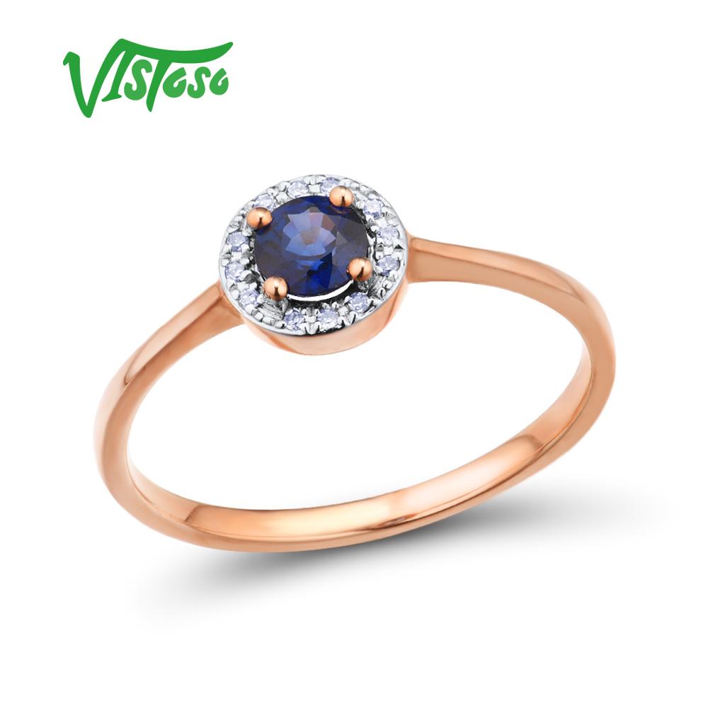 VISTOSO Gold Rings For Women Pure 14K 585 Rose Gold Ring Sparkling Diamond Round Blue Sapphire Luxury Wedding Band Fine Jewelry